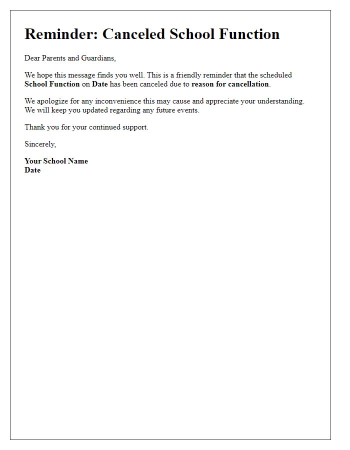 Letter template of reminder about canceled school function