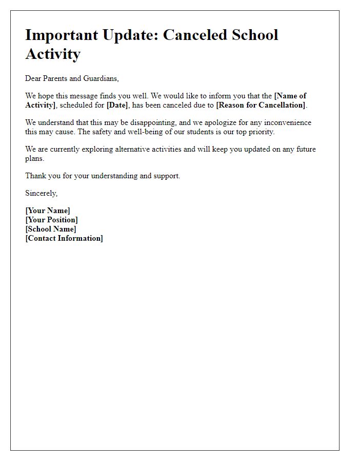 Letter template of update on canceled school activity