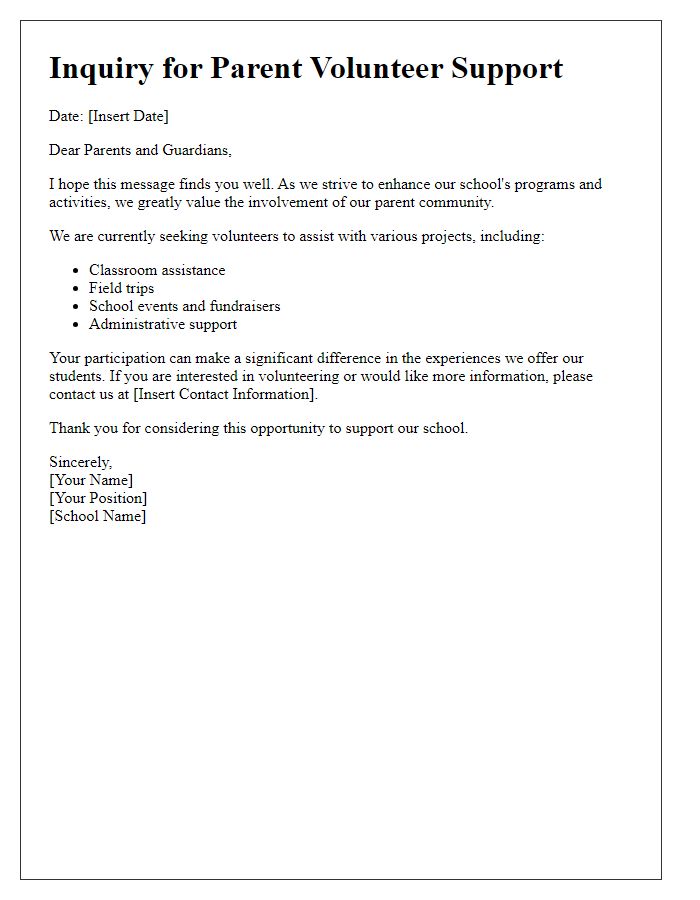 Letter template of inquiry for parent volunteer support