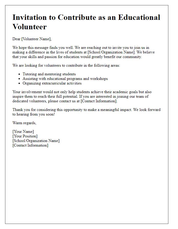 Letter template of invitation for educational volunteer contributions