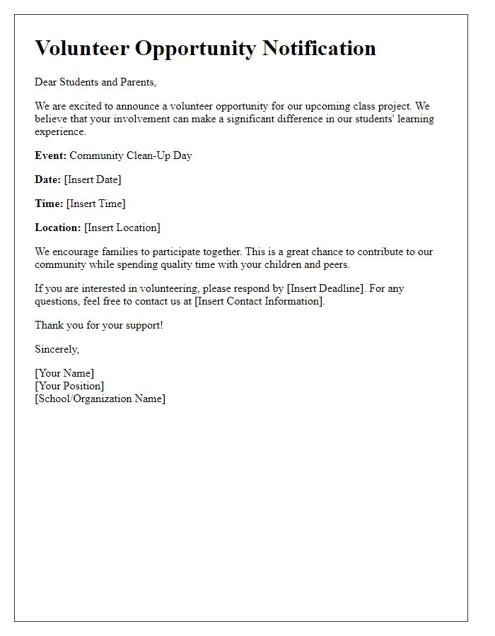 Letter template of notification for volunteer opportunity in class