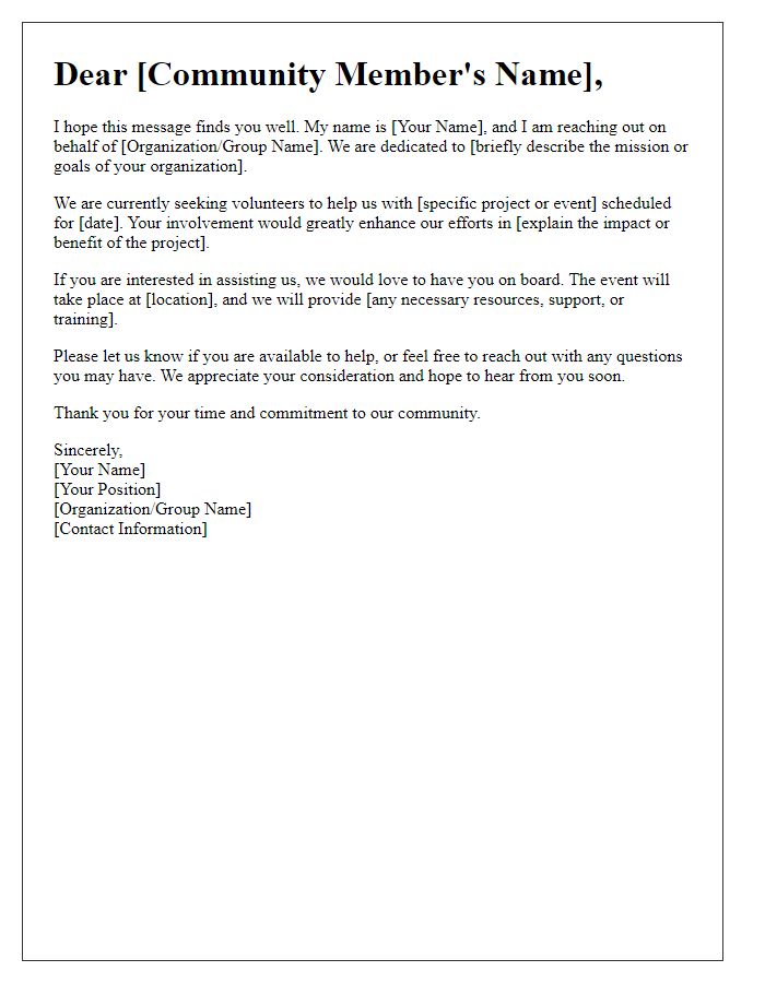 Letter template of outreach for community volunteer assistance