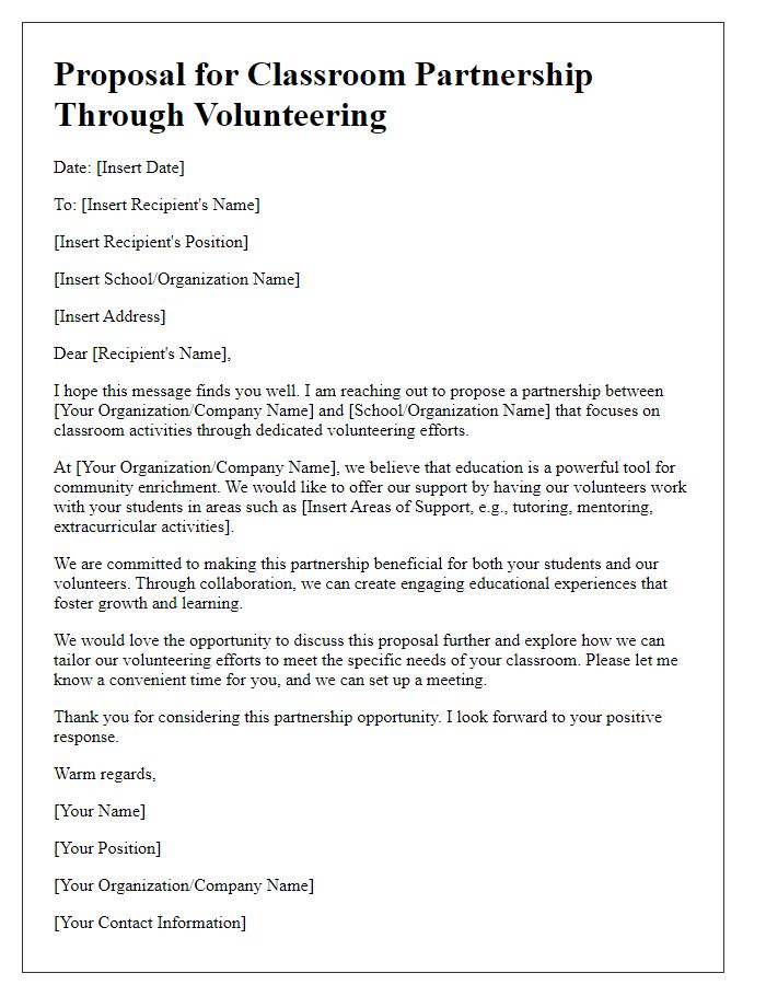 Letter template of proposal for classroom partnership through volunteering