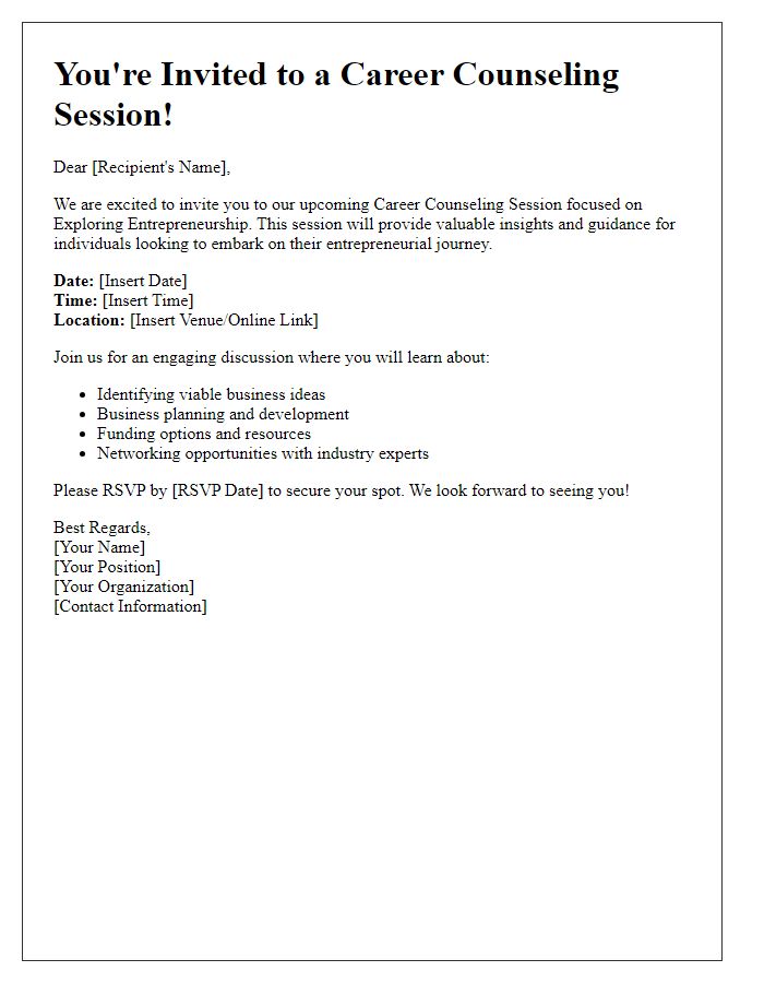 Letter template of invitation for career counseling session for individuals exploring entrepreneurship.