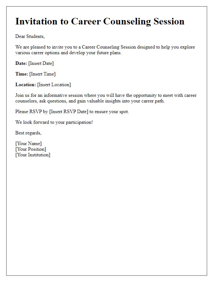 Letter template of invitation for career counseling session for students.