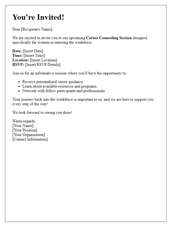 Letter template of invitation for career counseling session for women re-entering the workforce.