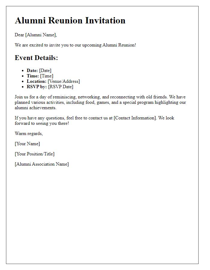 Letter template of alumni reunion details