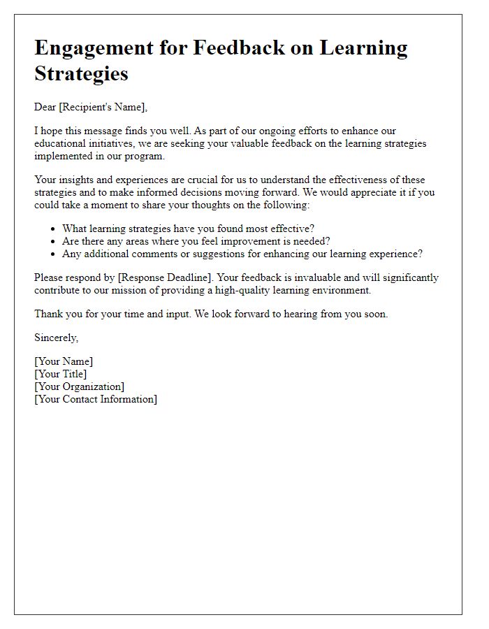 Letter template of engagement for feedback on learning strategies