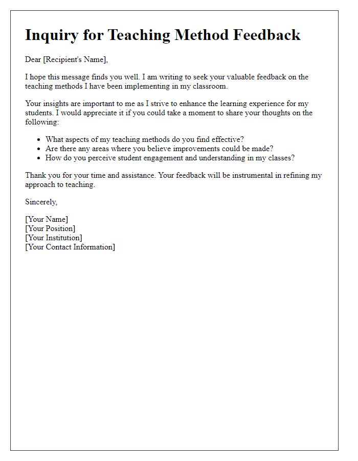 Letter template of inquiry for teaching method feedback