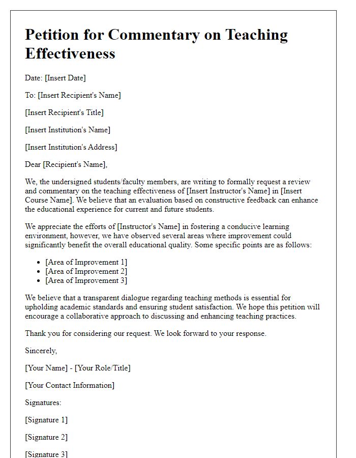 Letter template of petition for commentary on teaching effectiveness