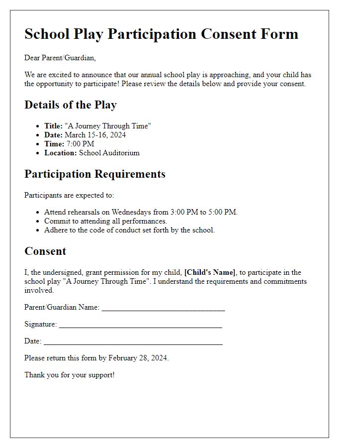 Letter template of school play participation consent for parents/guardians.