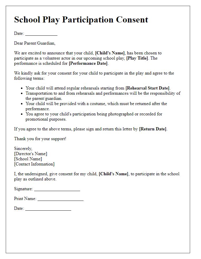 Letter template of school play participation consent for volunteer actors.