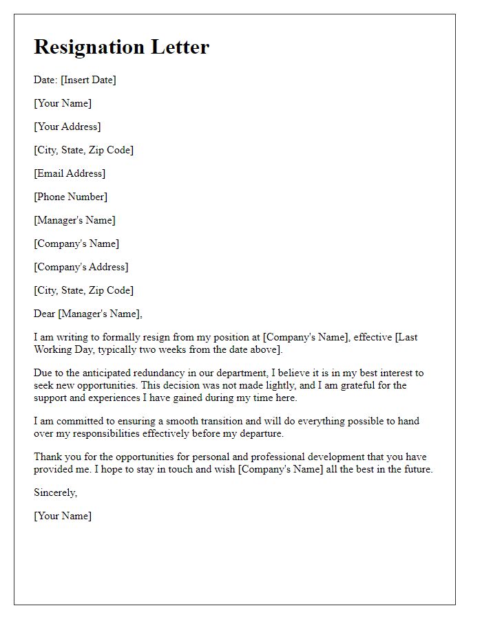 Letter template of resignation due to anticipated redundancy