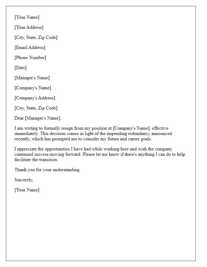 Letter template of resignation to escape impending redundancy