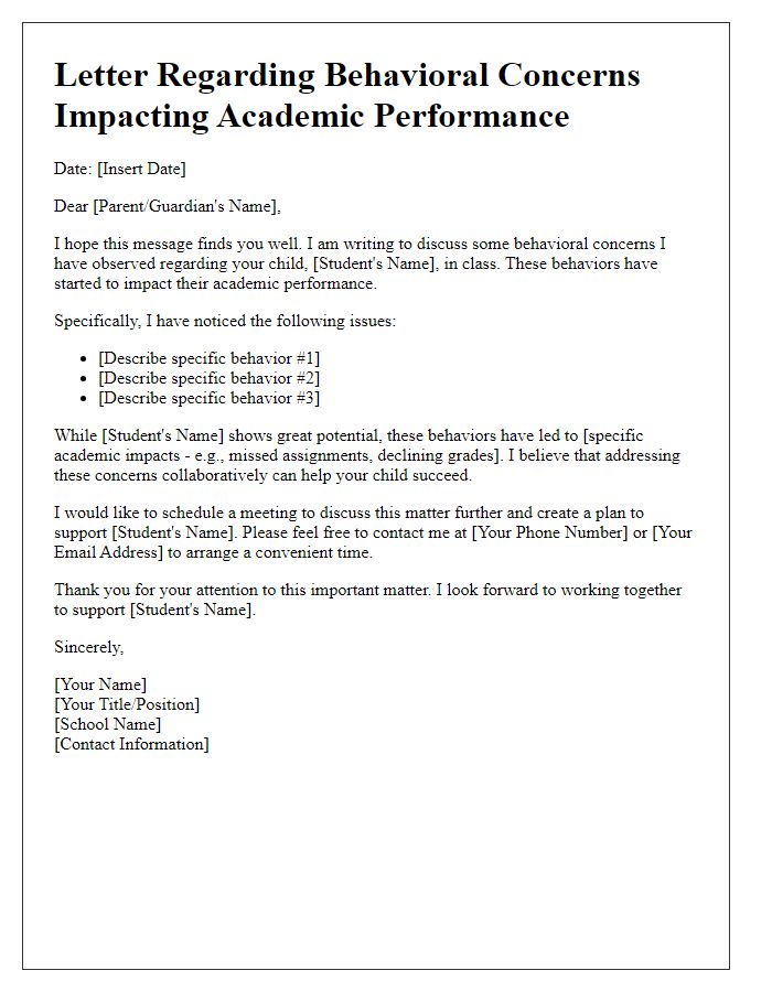 Letter template of behavioral concerns impacting academic performance.