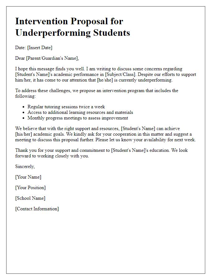 Letter template of intervention proposal for underperforming students.