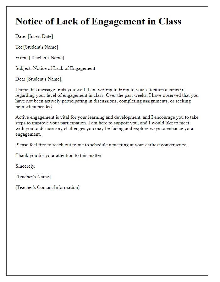 Letter template of notice for lack of engagement in class.