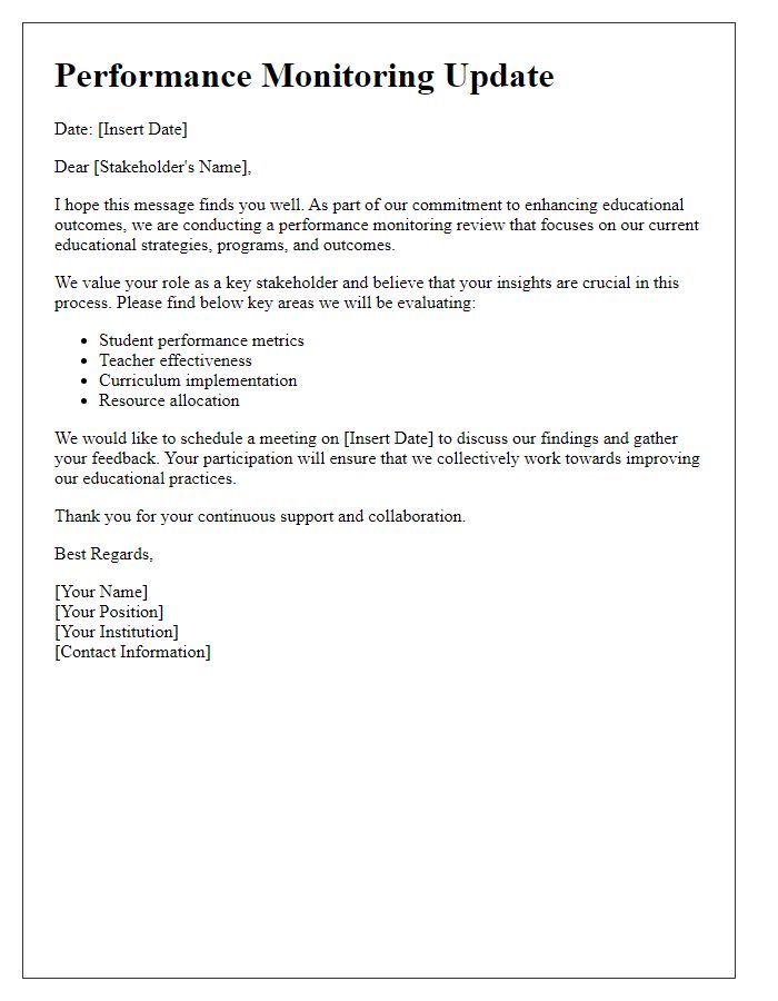 Letter template of performance monitoring for educational stakeholders.