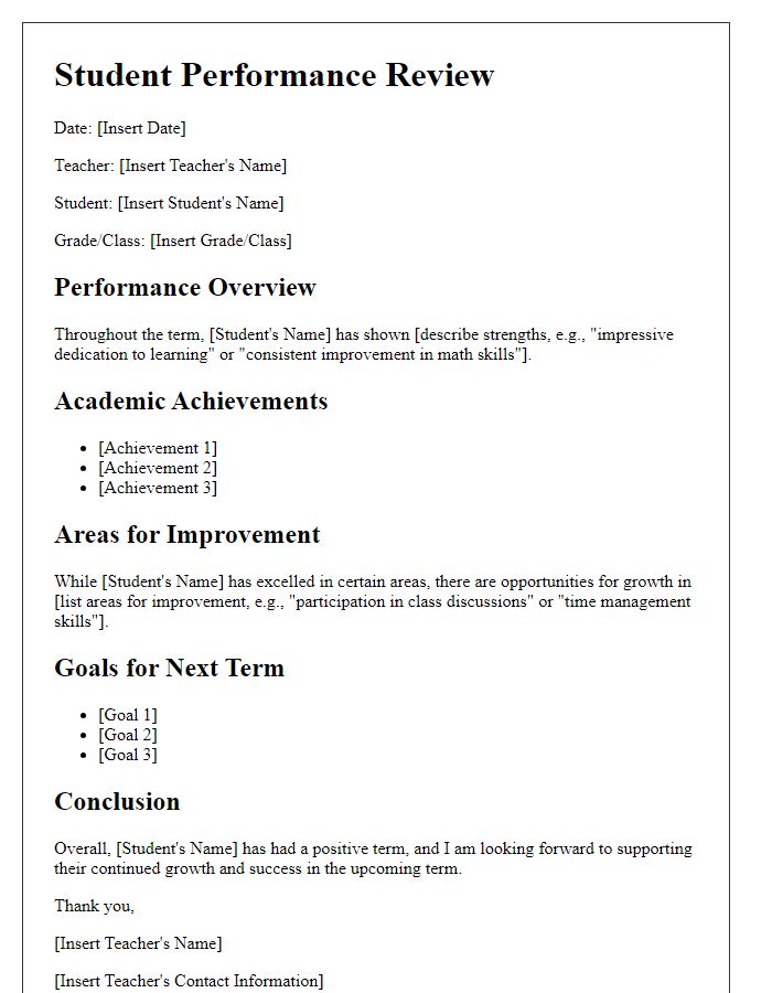 Letter template of student performance review for teachers.