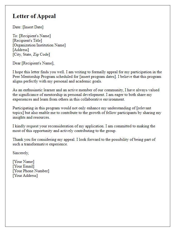 Letter template of appeal for participation in peer mentorship program.