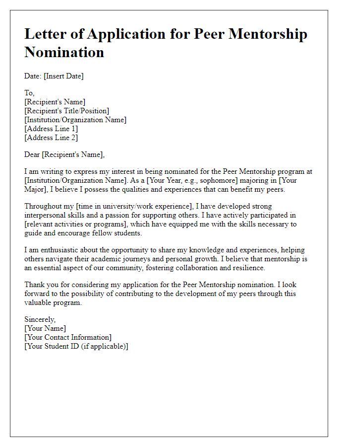 Letter template of application for peer mentorship nomination.