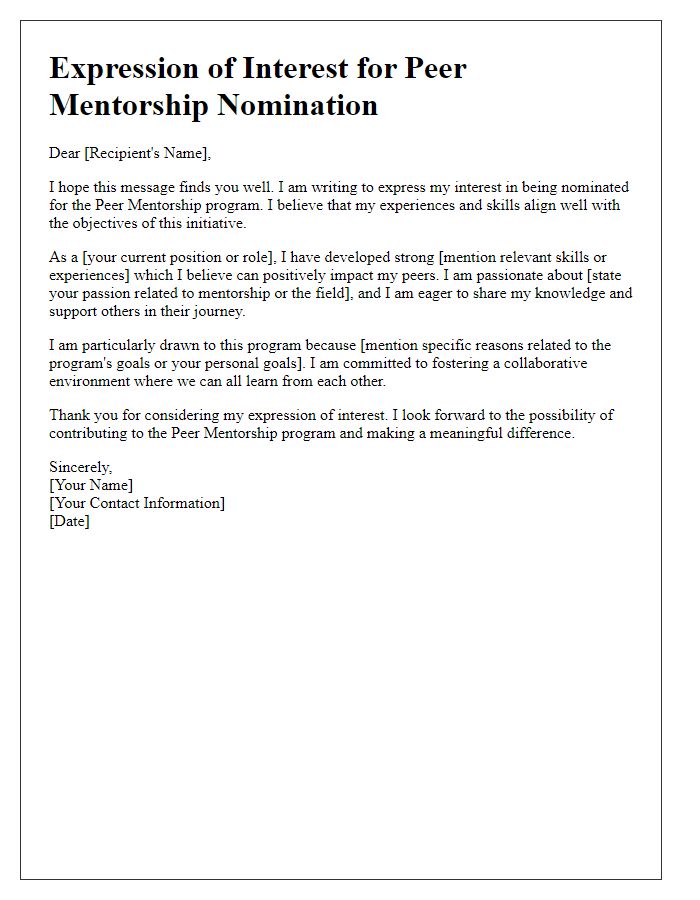 Letter template of expression of interest for peer mentorship nomination.