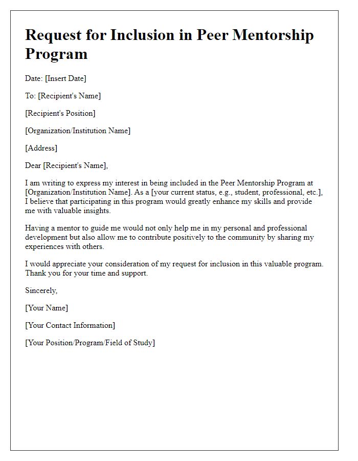 Letter template of request for peer mentorship program inclusion.