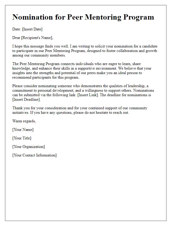 Letter template of solicitation for peer mentoring program nomination.