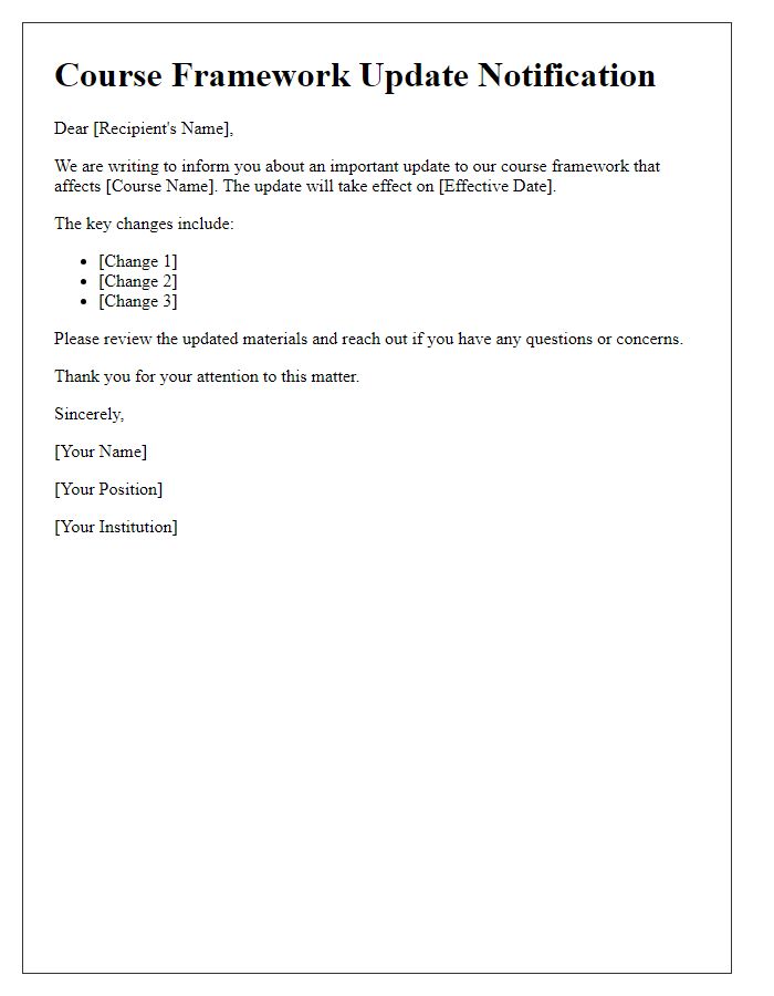 Letter template of course framework update alert