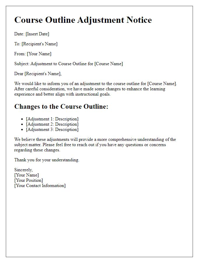 Letter template of course outline adjustment notice