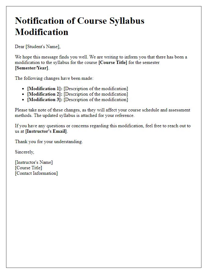 Letter template of course syllabus modification notification