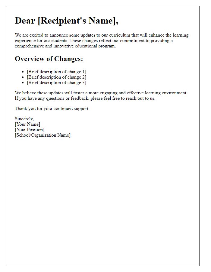 Letter template of curriculum update announcement