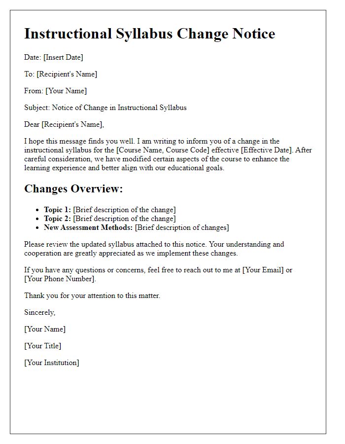 Letter template of instructional syllabus change notice