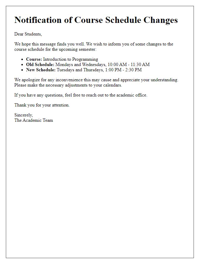 Letter template of changes to course schedule