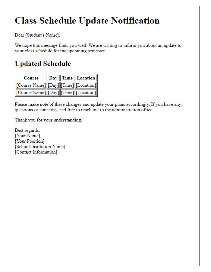 Letter template of class schedule update notification