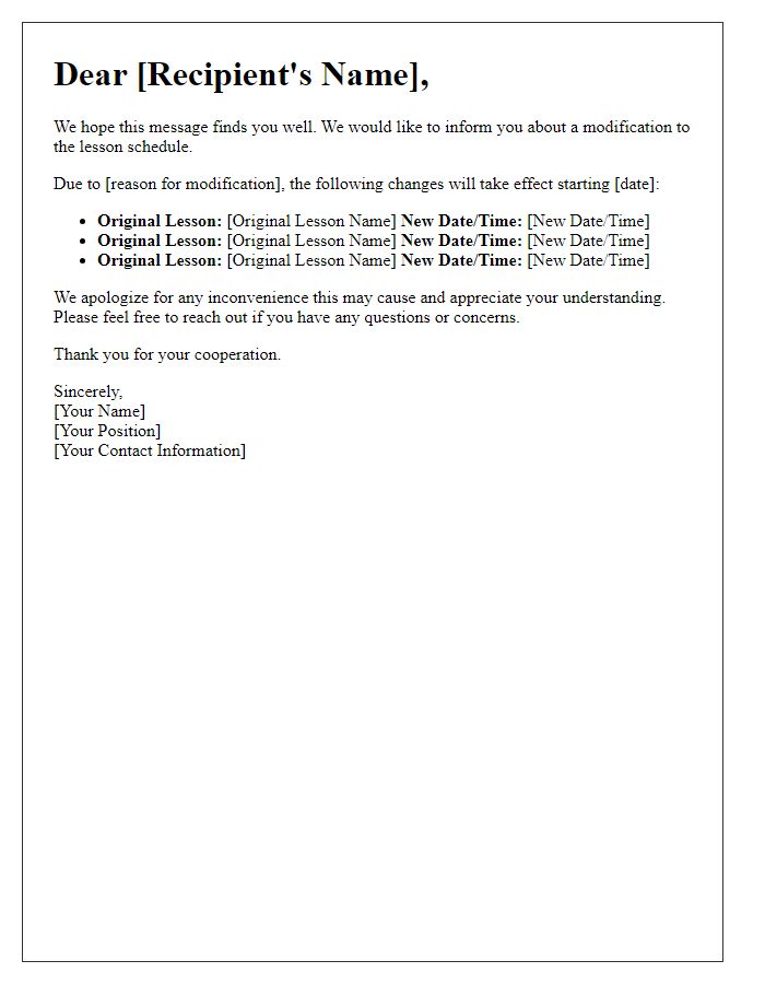 Letter template of modified lesson schedule notification