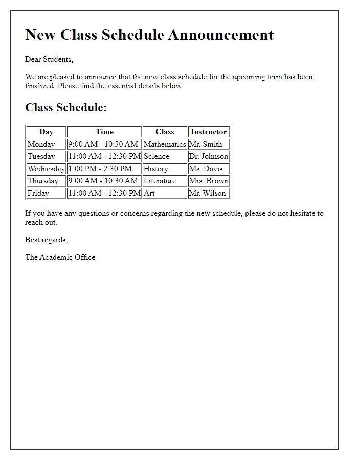 Letter template of new class schedule distribution