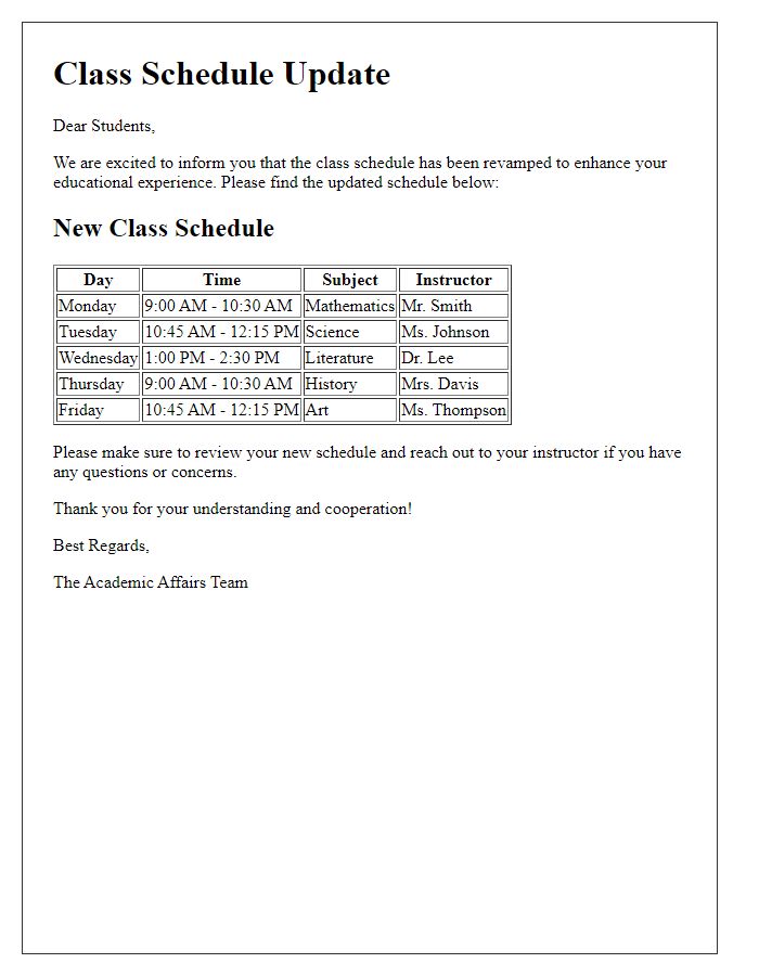 Letter template of revamped class schedule alert