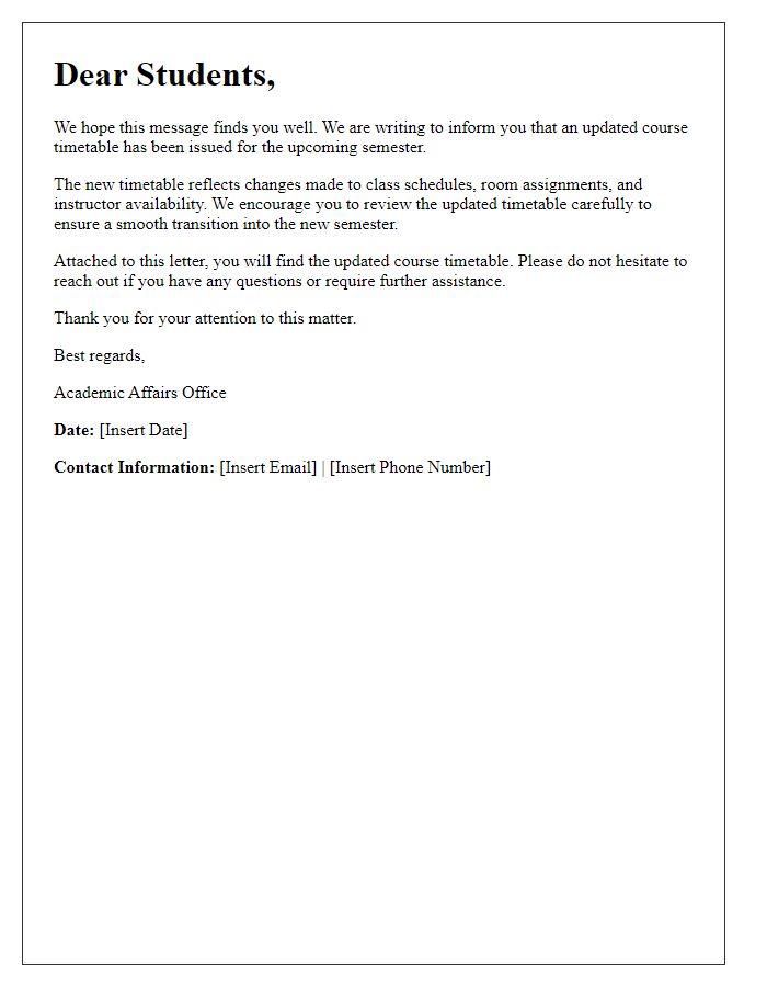 Letter template of updated course timetable issuance