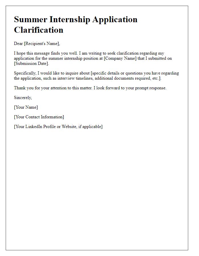 Letter template of summer internship application clarification