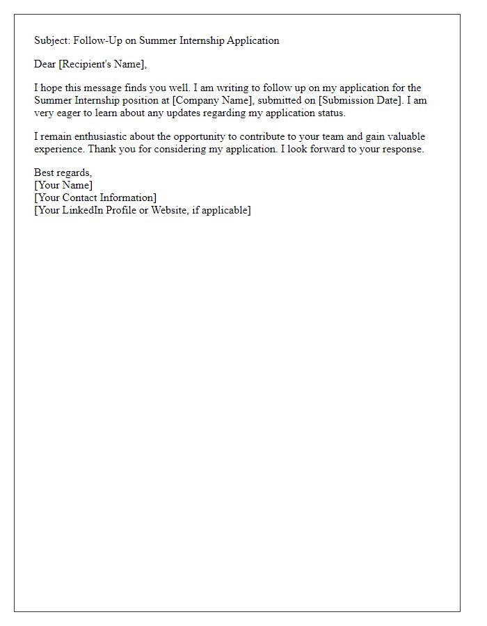 Letter template of summer internship application follow-up