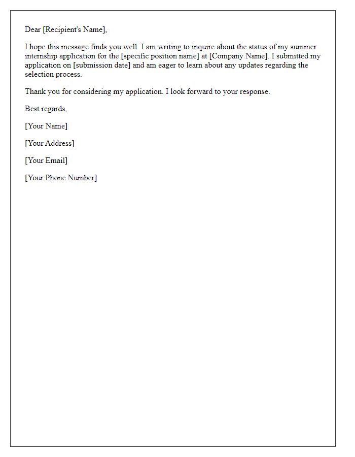 Letter template of summer internship application progress request