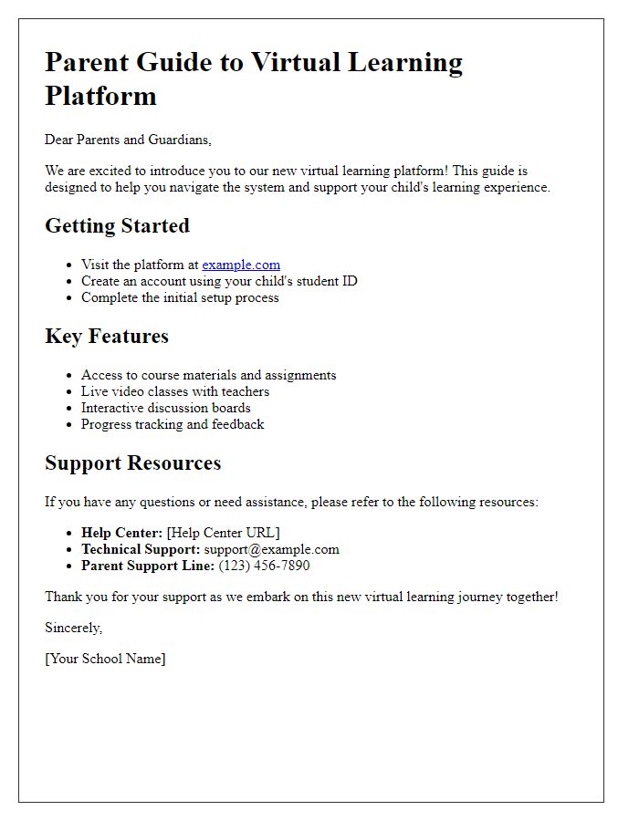 Letter template of parent guide to virtual learning platform