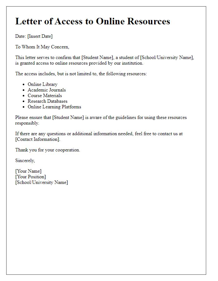 Letter template of students' access to online resources