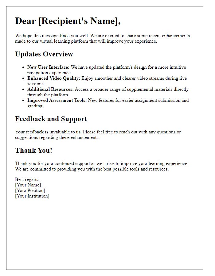 Letter template of updates on virtual learning platform enhancements