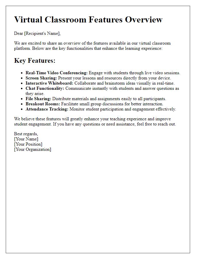 Letter template of virtual classroom features overview