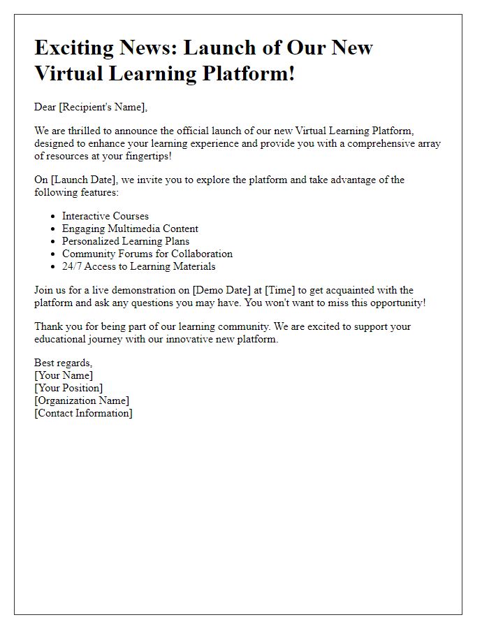 Letter template of virtual learning platform launch announcement