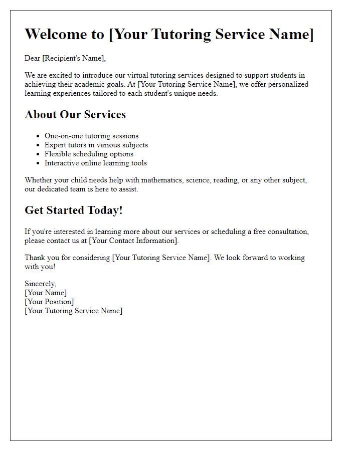 Letter template of virtual tutoring service introduction