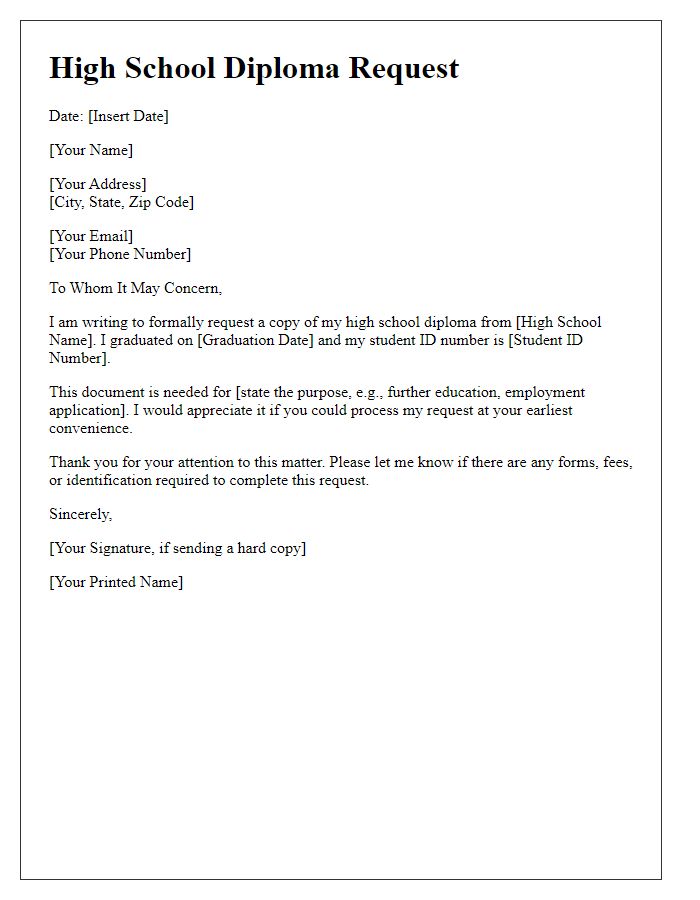 Letter template of high school diploma request for educational purposes