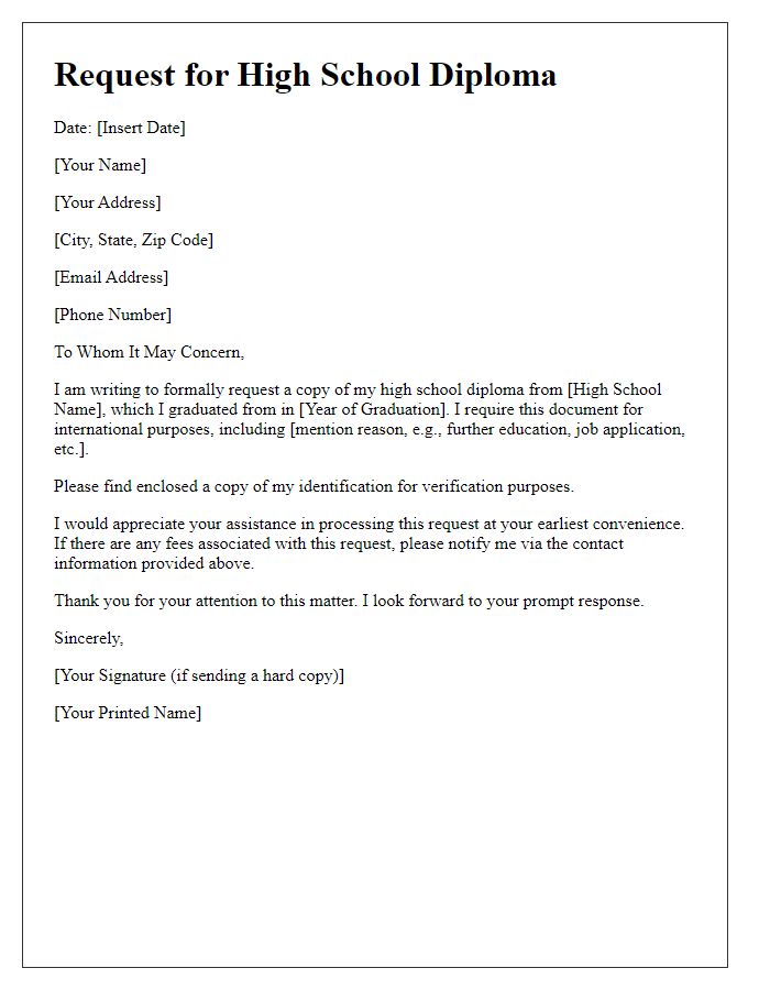 Letter template of high school diploma request for international use